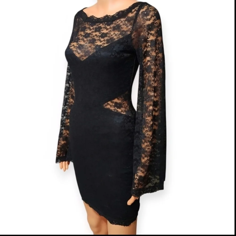 Free People Black Lace Long Sleeve Bodycon Mini Dress Women’s. Size S. - Picture 7 of 11